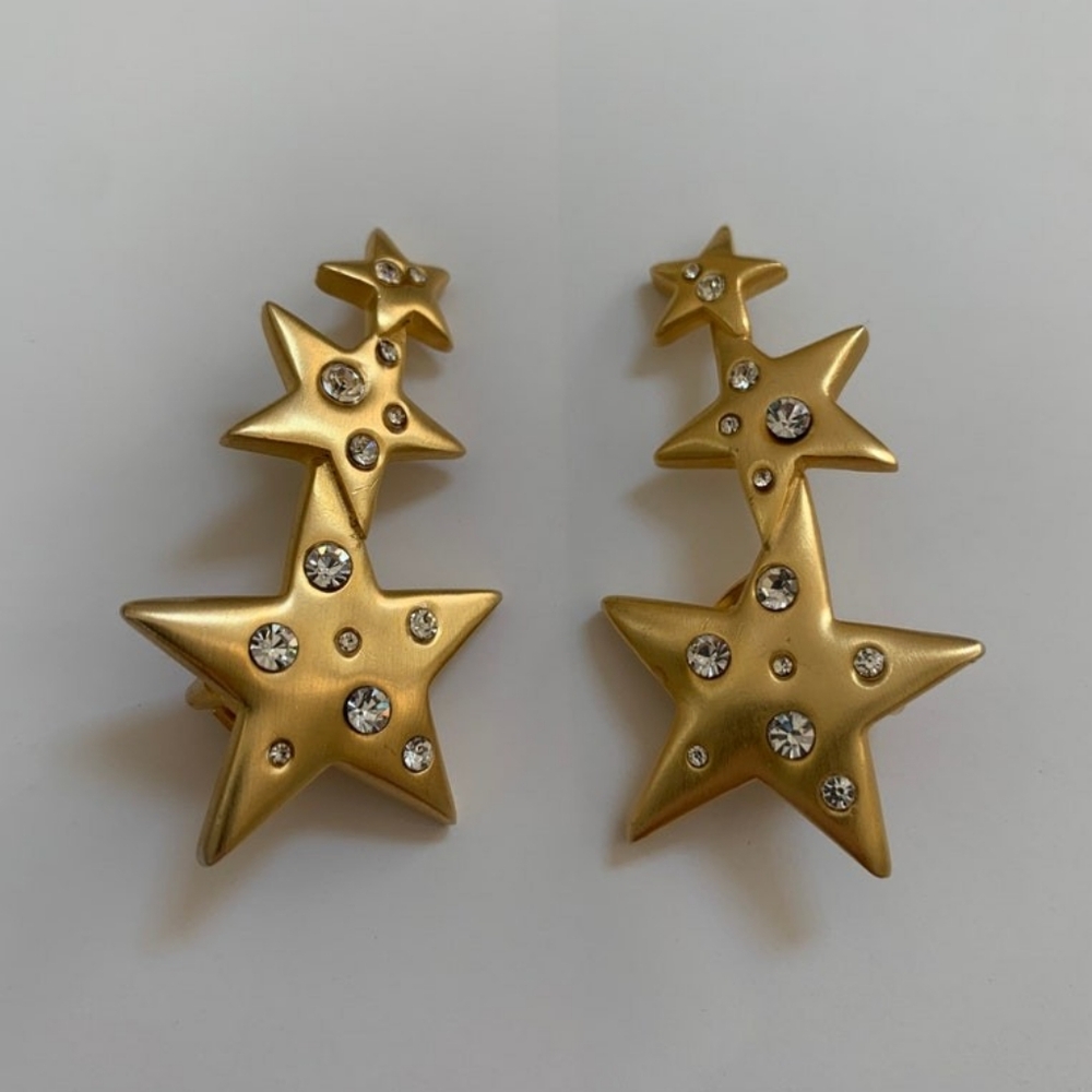 Vintage Kenneth Jay Lane Triple Star Clip On Earrings with Crystals